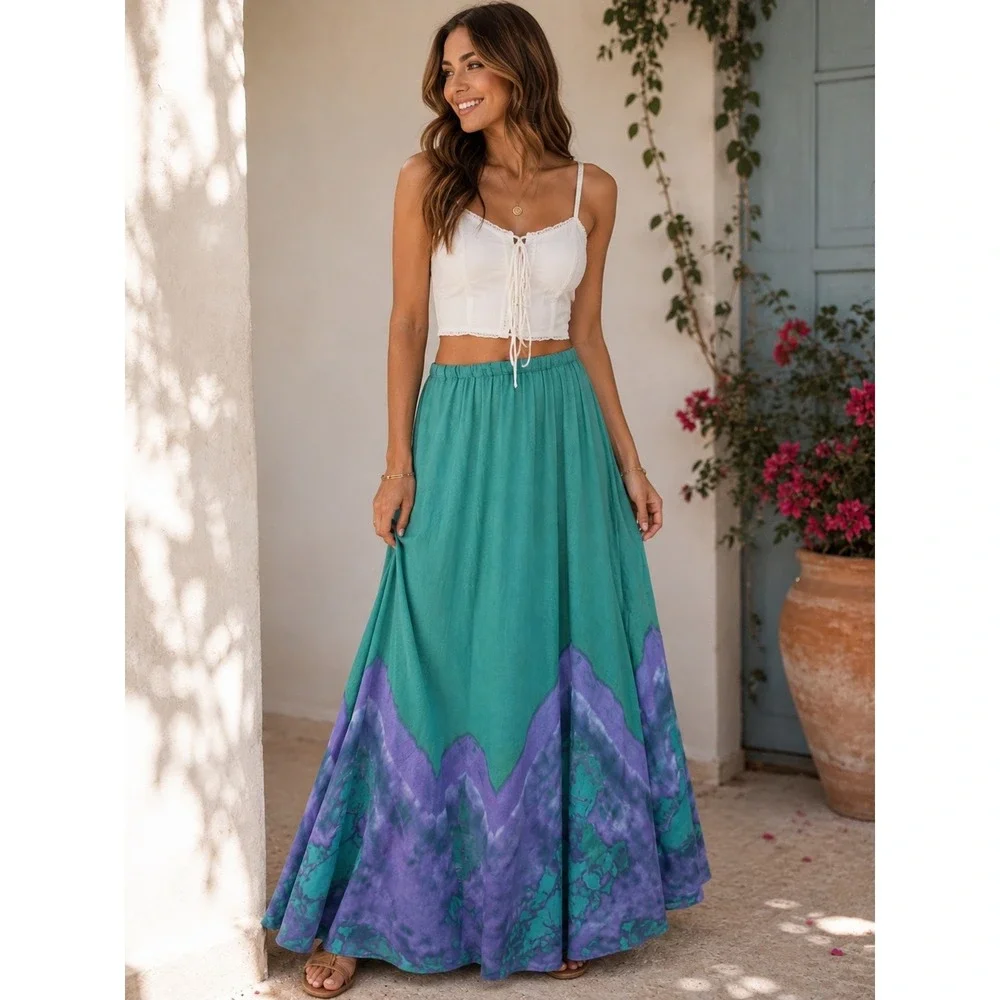 Vintage Cotton Tie Dye Maxi Skirt Teal Purple Boho Festival Made in USA Small